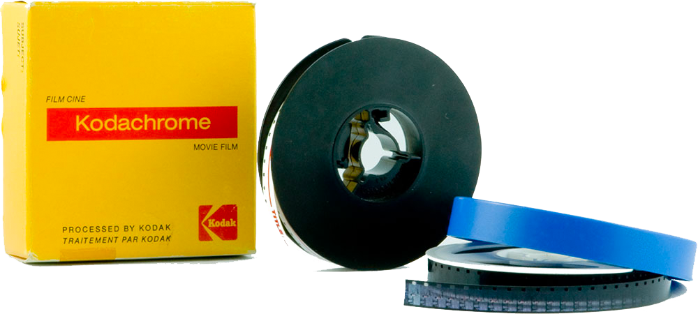 two 8mm reels next to a kodachrome box.
