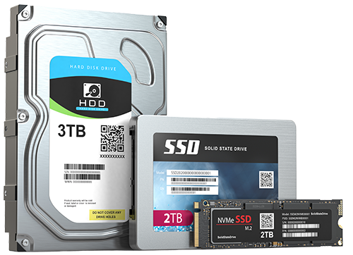 stock image of a SATA Hard Drive beside 2 SSD Hard Drives, standing on their side.